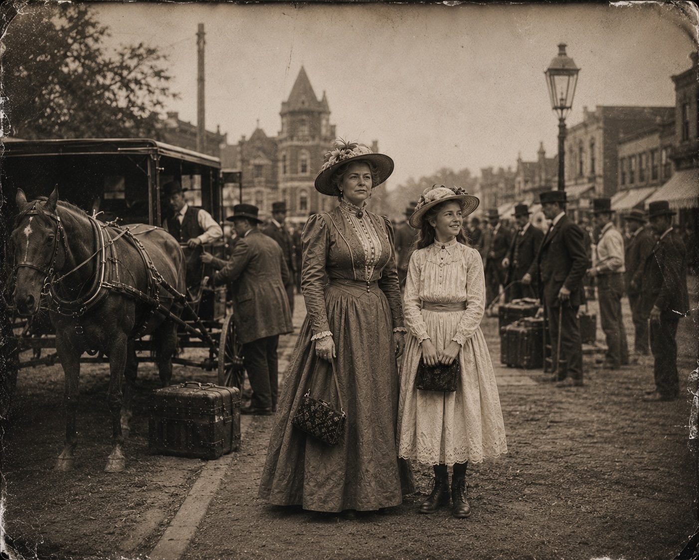 Vintage sepia photograph of a well-dressed Victorian woman and young girl standing on a dirt street 