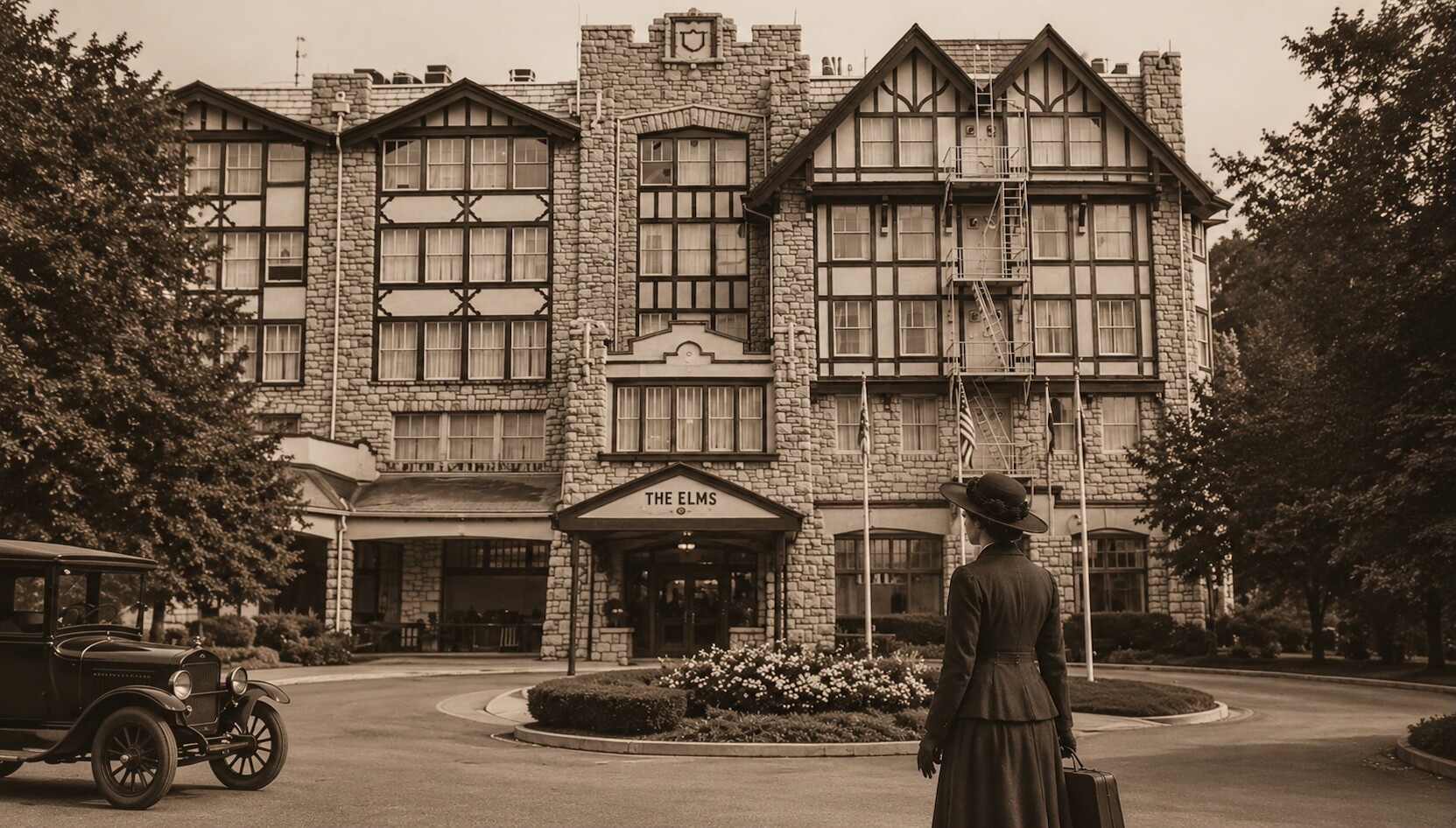Sepia-toned vintage view of The Elms Hotel with a 1920s automobile and a woman