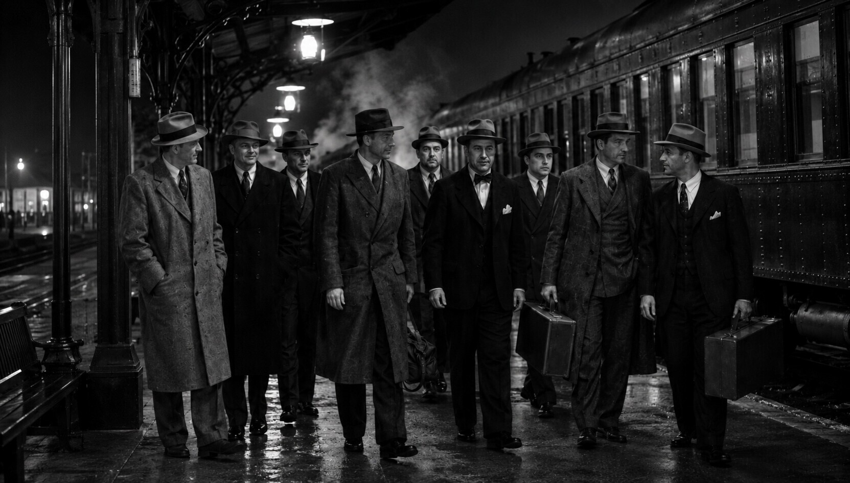 Black-and-white historical-style image of eight well-dressed men in suits and fedora hats 