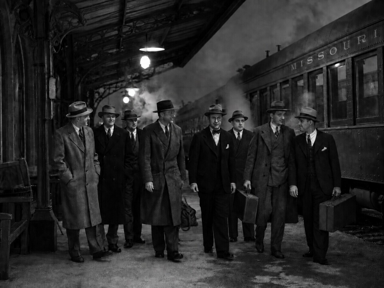 Black-and-white historical-style image of eight well-dressed men in suits and fedora hats 