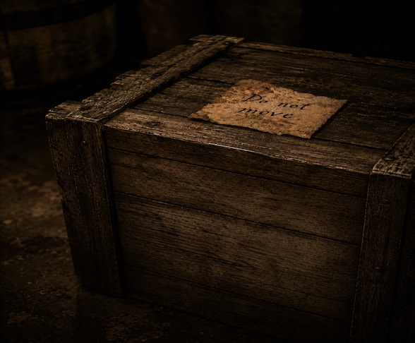 Aged handwritten Do Not Move note on old crate