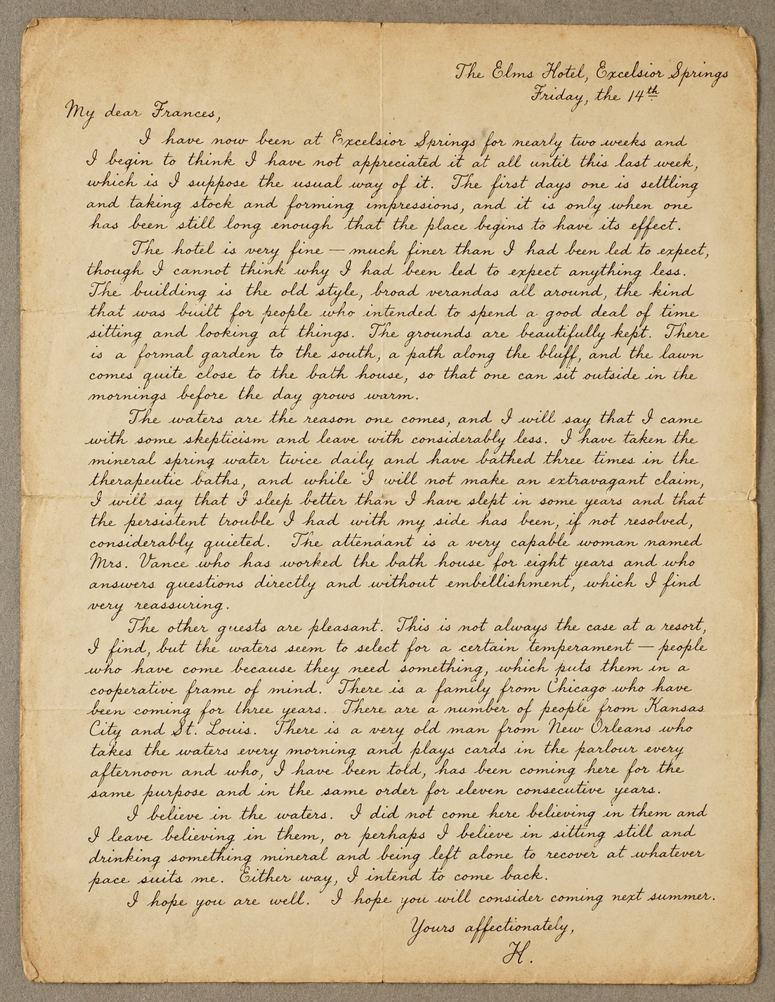 Aged handwritten letter from The Elms Hotel describing a restorative stay in Excelsior Springs.