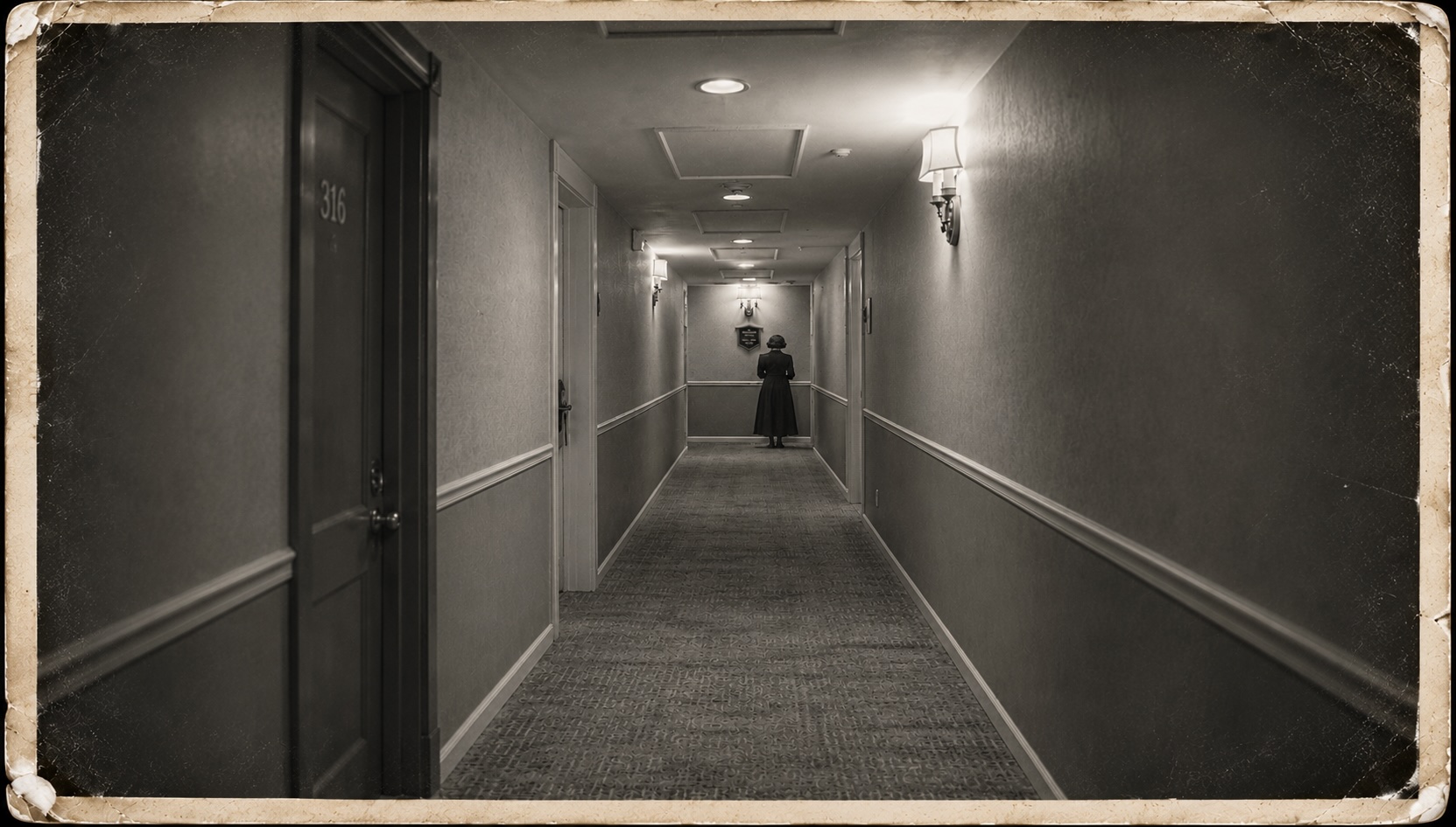 Vintage black-and-white hotel corridor with a mysterious woman standing at the far end near Room 316