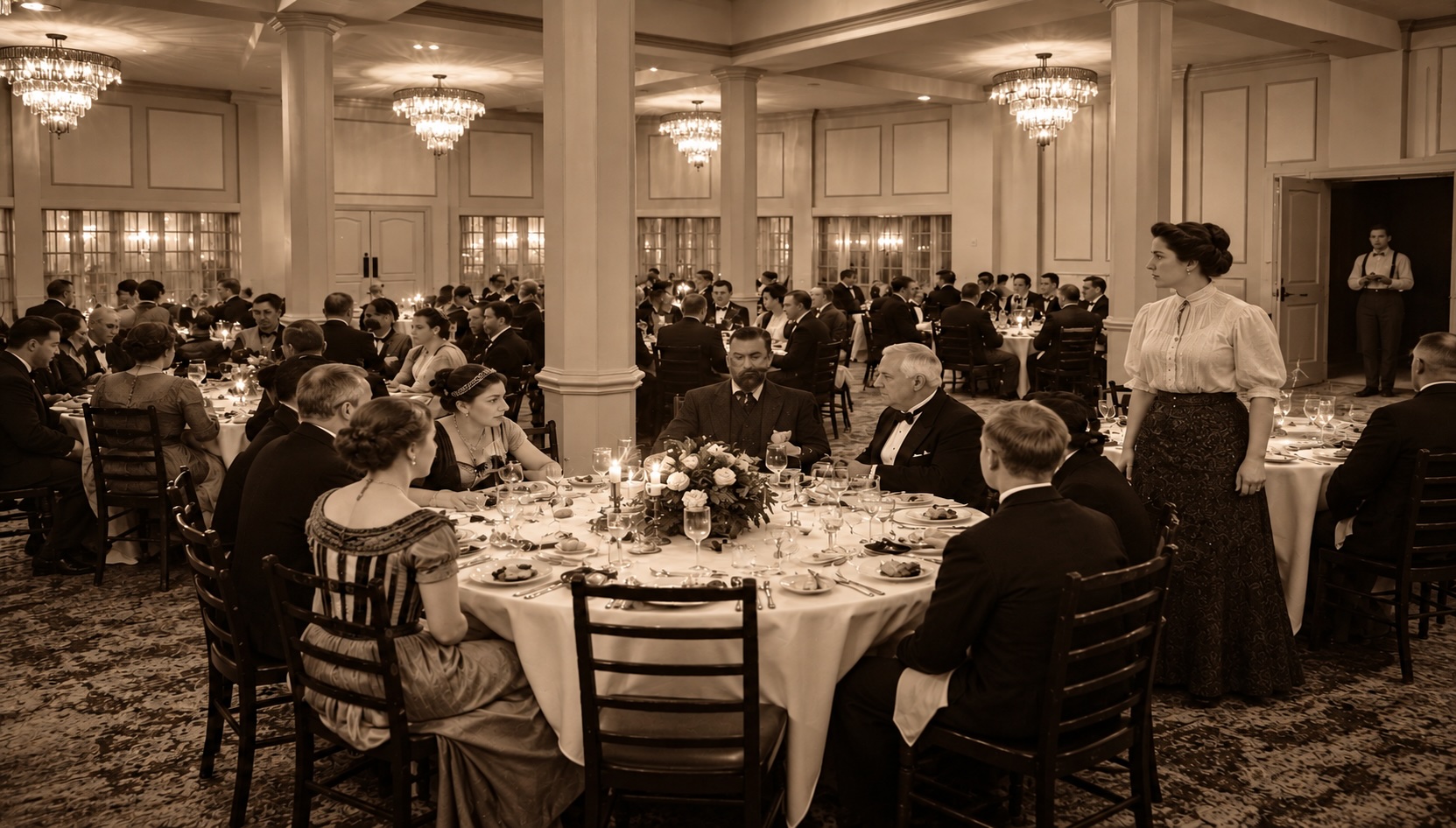 Historic ballroom dinner banquet with formally dressed guests seated at round tables.