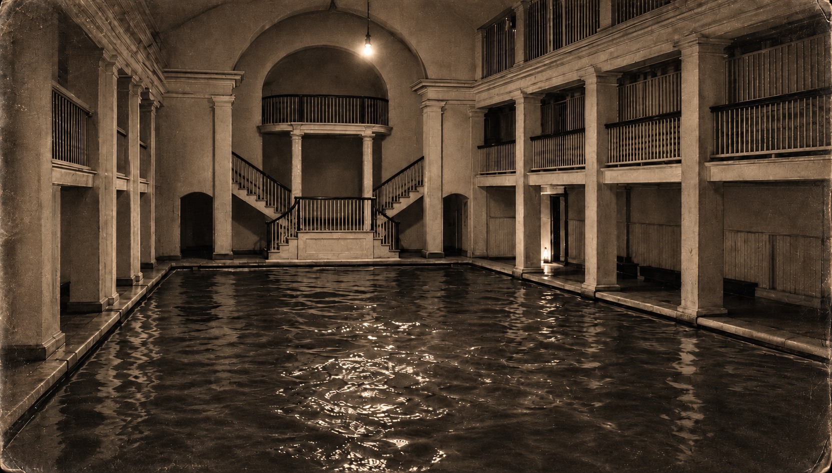 Vintage sepia-toned photograph of a historic indoor swimming pool.