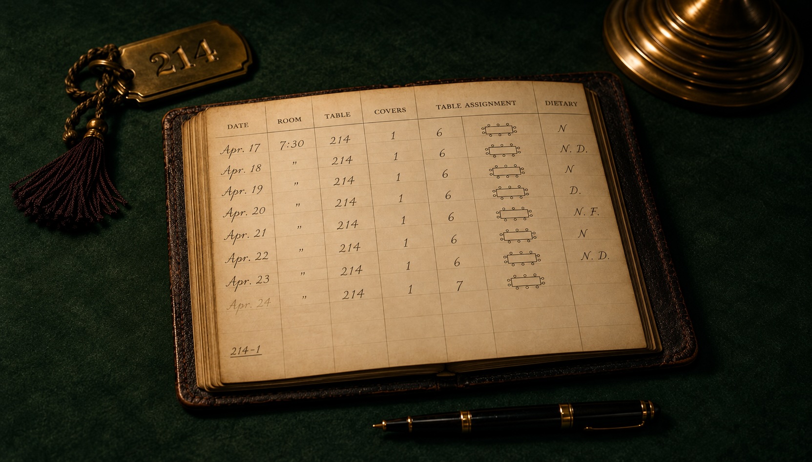 Open antique hotel ledger on a dark green surface beside a room 214 key tag.