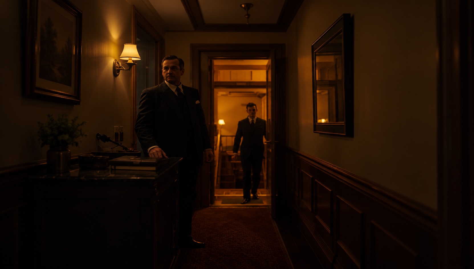 Two men in dark suits stand in a dimly lit, wood-paneled hotel corridor.
