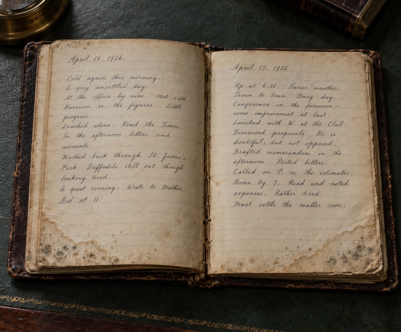 An open, worn leather-bound diary dated April 14&ndash;15, 1926, rests on a dark green desk blotter.