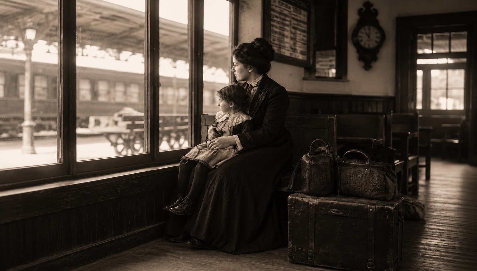 Sepia-toned vintage photograph of a woman holding a young child in a 20th-century train station.