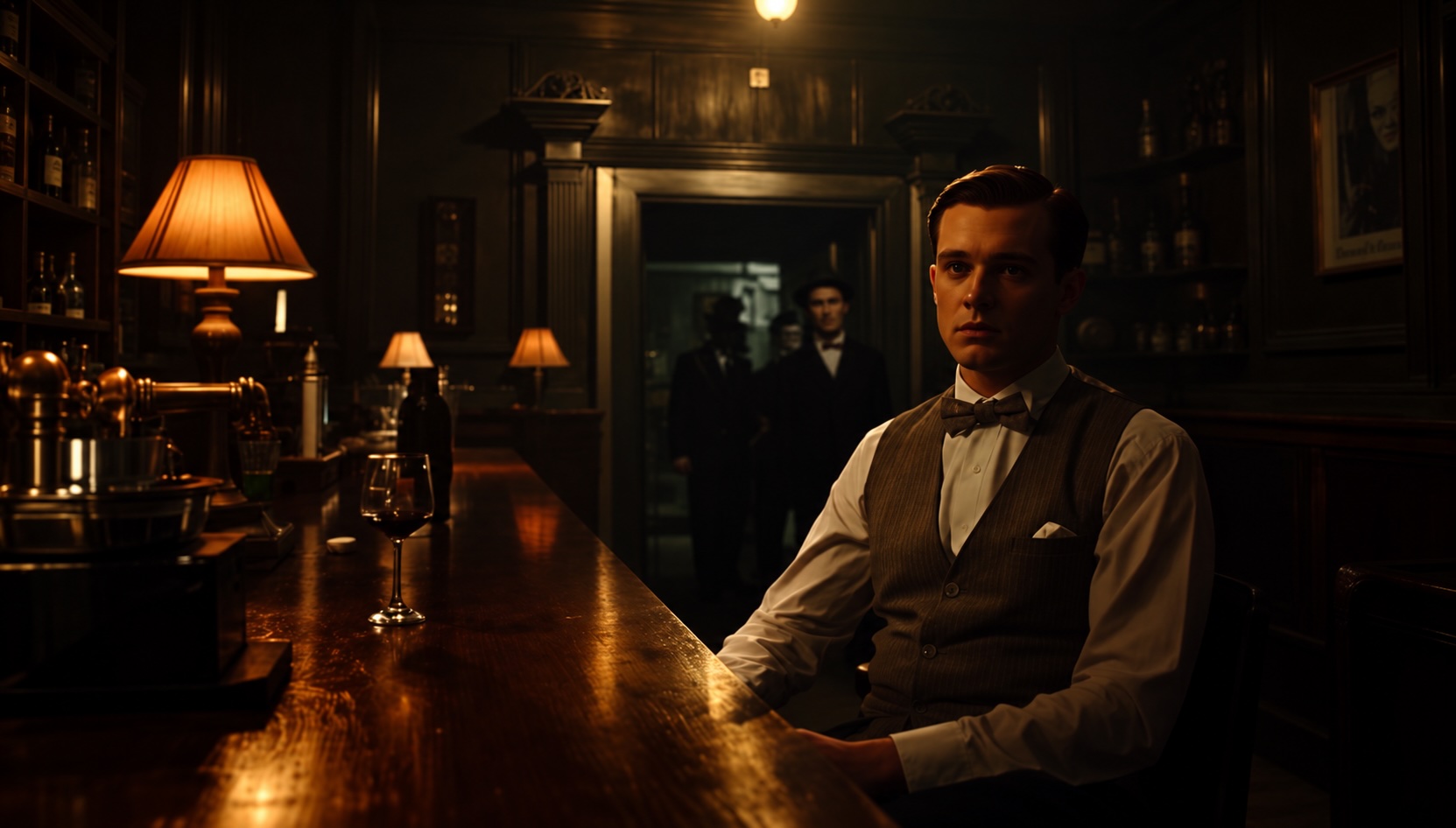 A 1920s-era bartender seated at a dimly lit wooden bar.