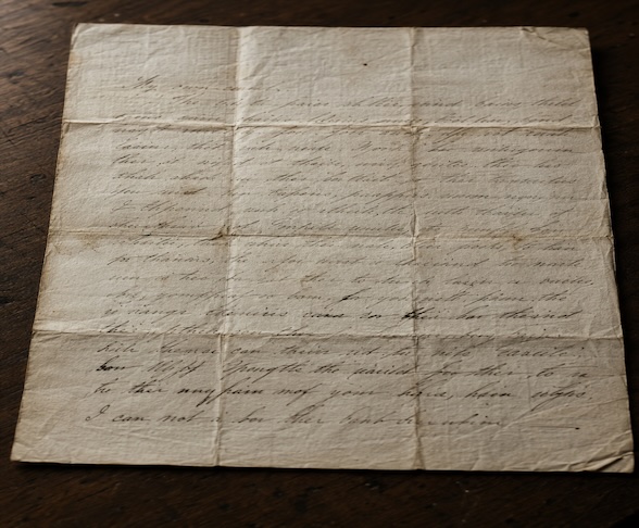 Aged handwritten letter on folded and rumpled cream paper.