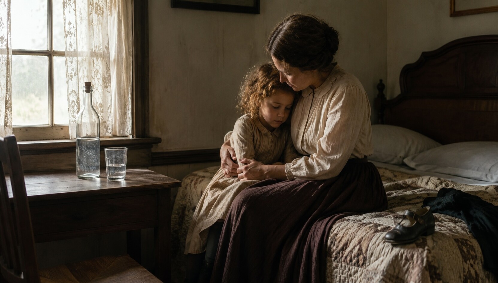 Woman comforting a child in a bedroom.