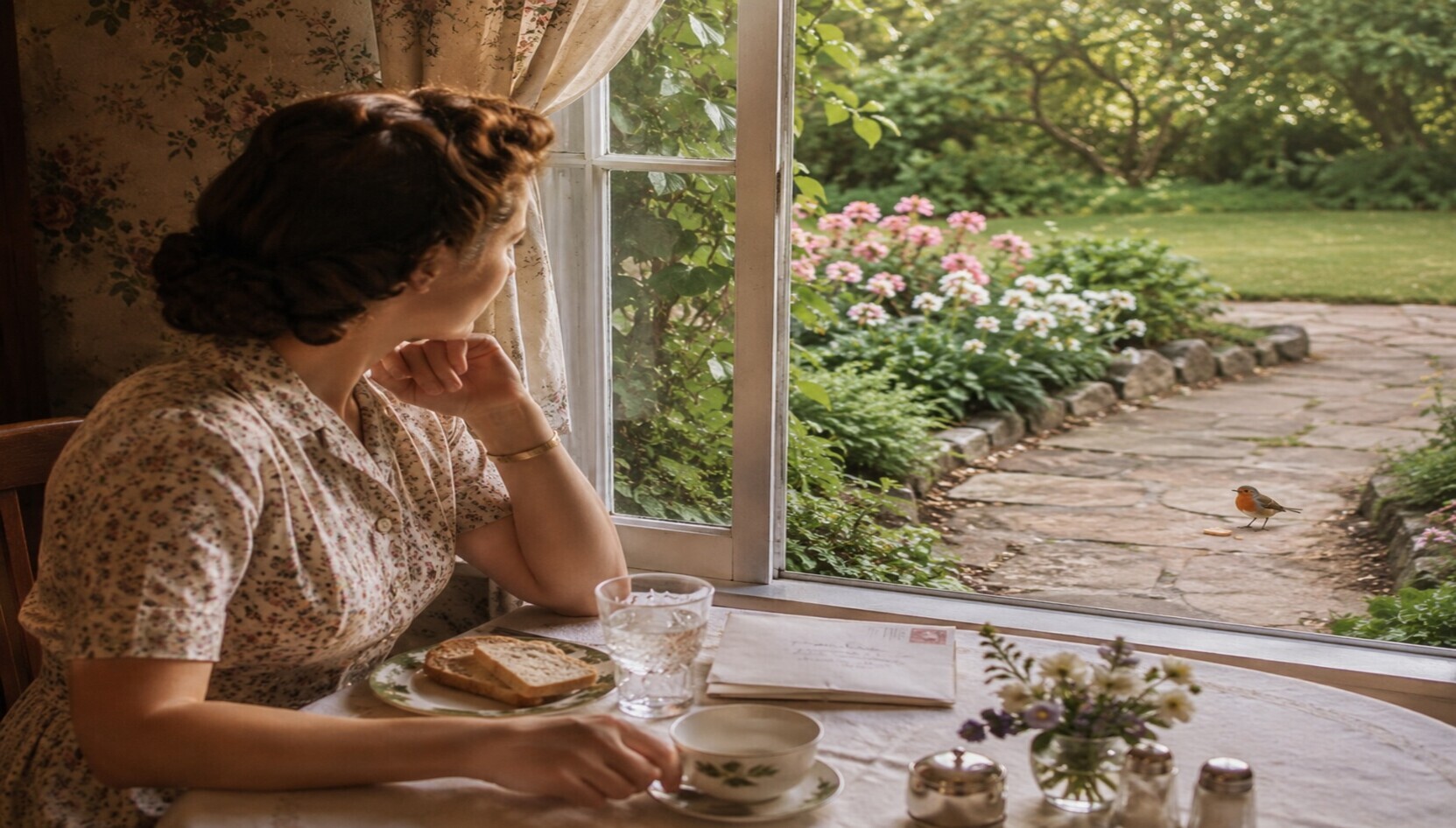 A woman in a vintage floral dress sits at a table beside an open window