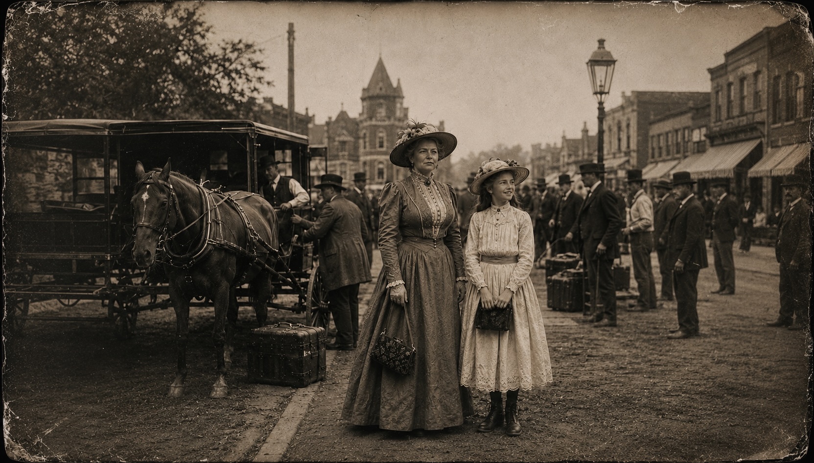 Vintage sepia photograph of a well-dressed Victorian woman and young girl standing on a dirt street 