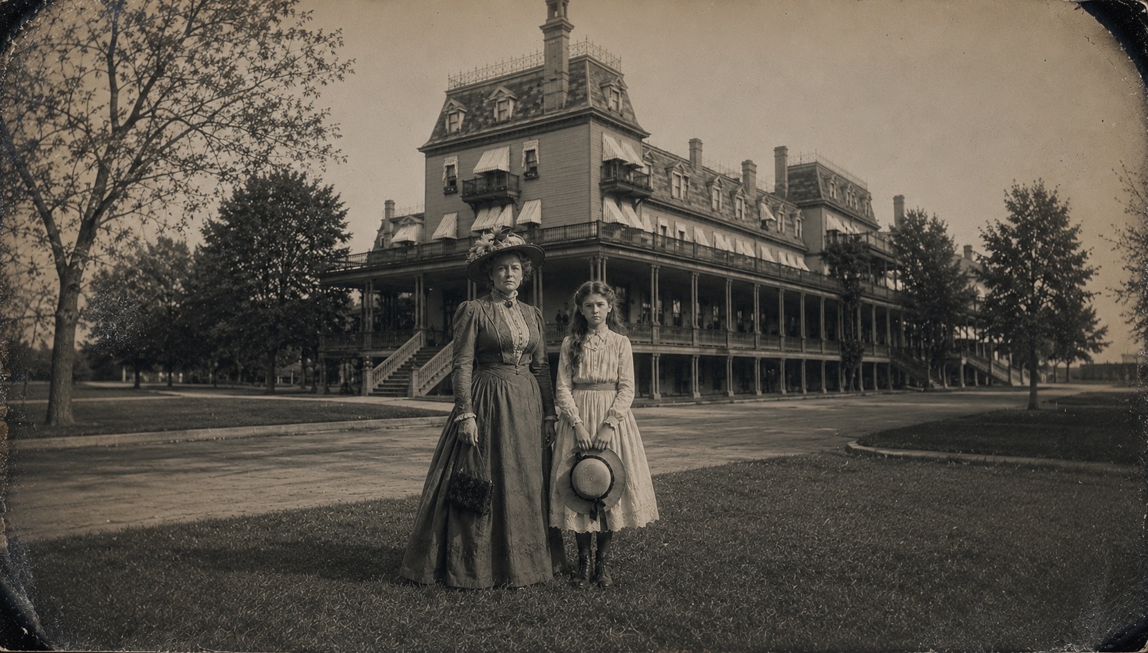 Woman and young girl stand before a historic hotel.