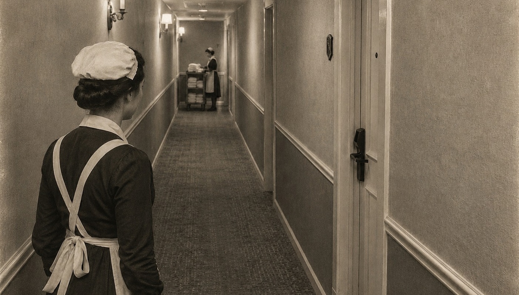 Vintage image of maid in hotel hallway