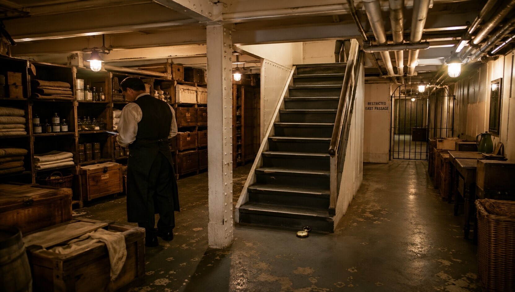 A hotel staff member stands in a dimly lit vintage basement storage area.